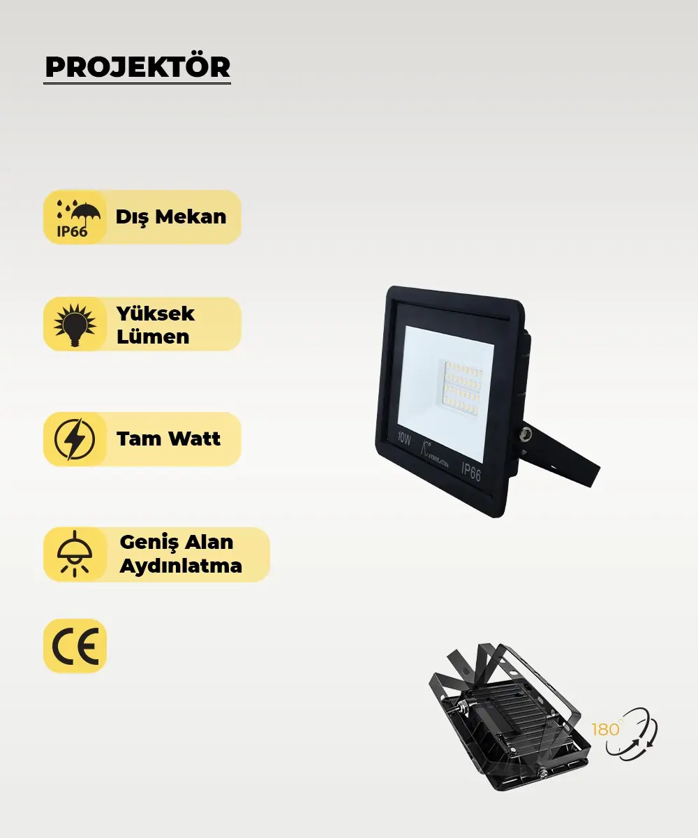 10W IP66 Led Projektör 6500K (Beyaz Işık)