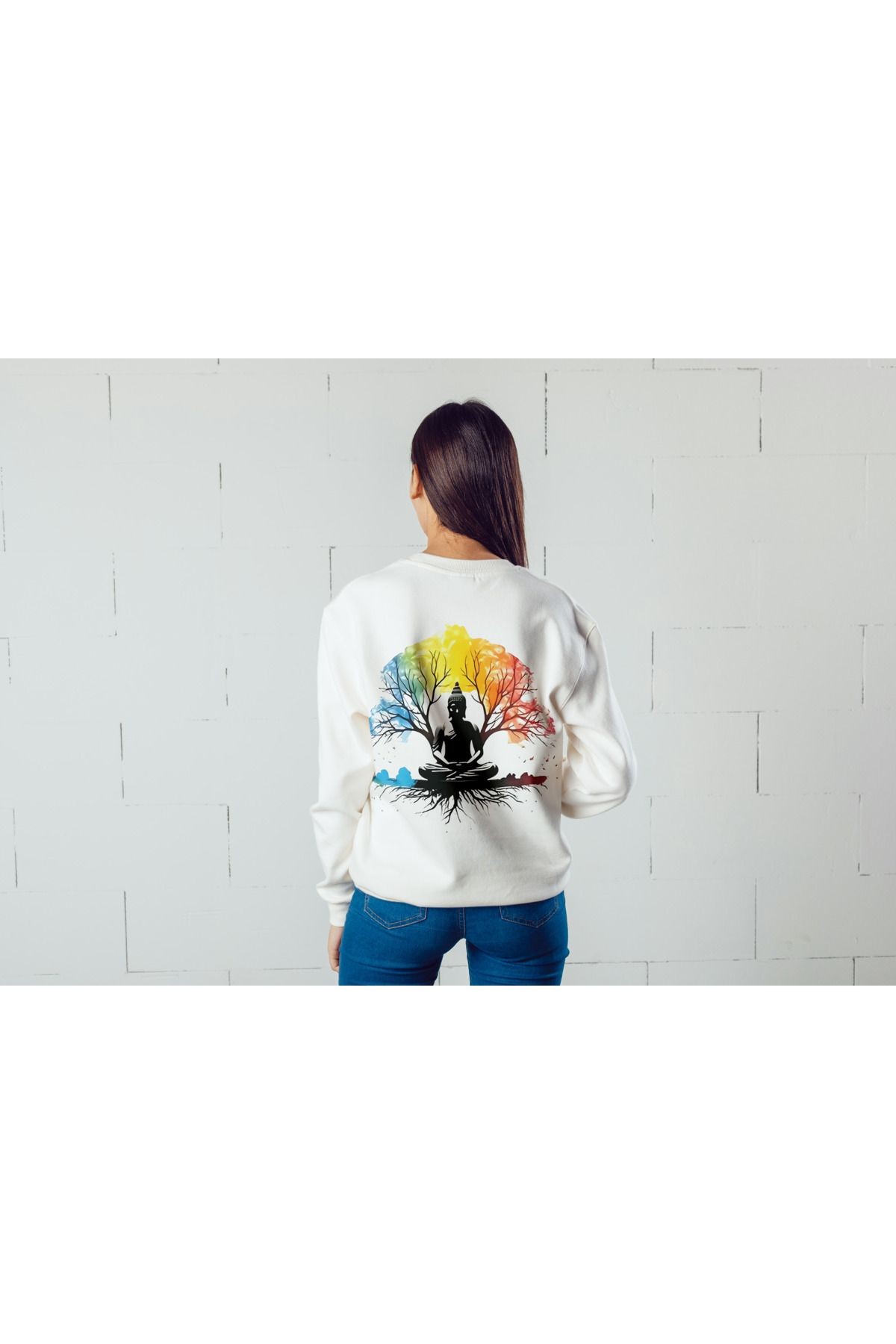 YOGA TEMALI BEYAZ BİSİKLET YAKA UNİSEX SWEATSHIRT main variant image