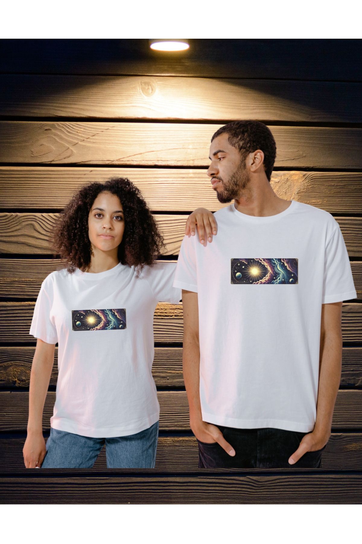 BİSİKLET YAKA MİSTİK TEMALI  BEYAZ T-SHİRT image