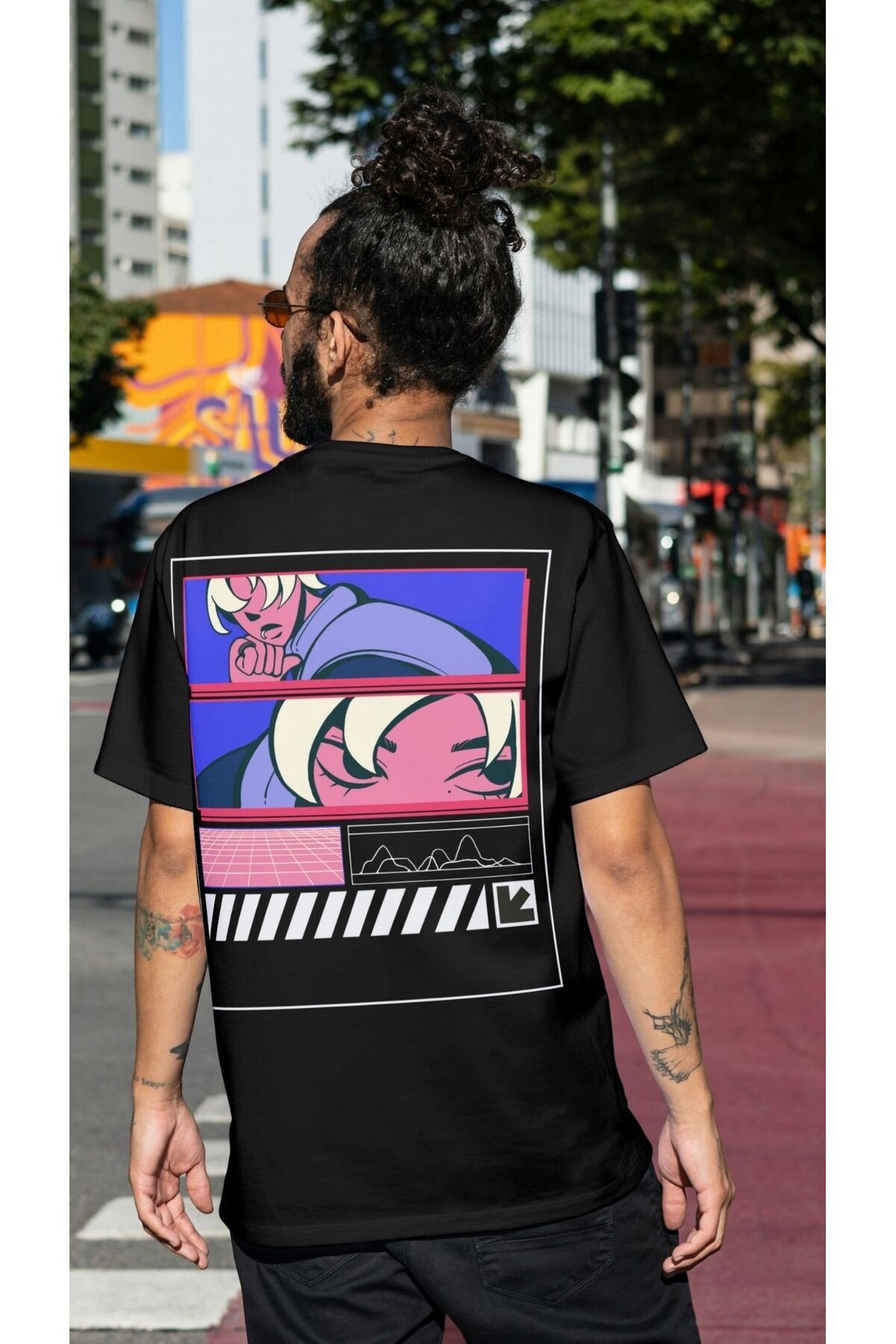 Erkek oversize tişört bisiklet yaka  Anime baskılı image