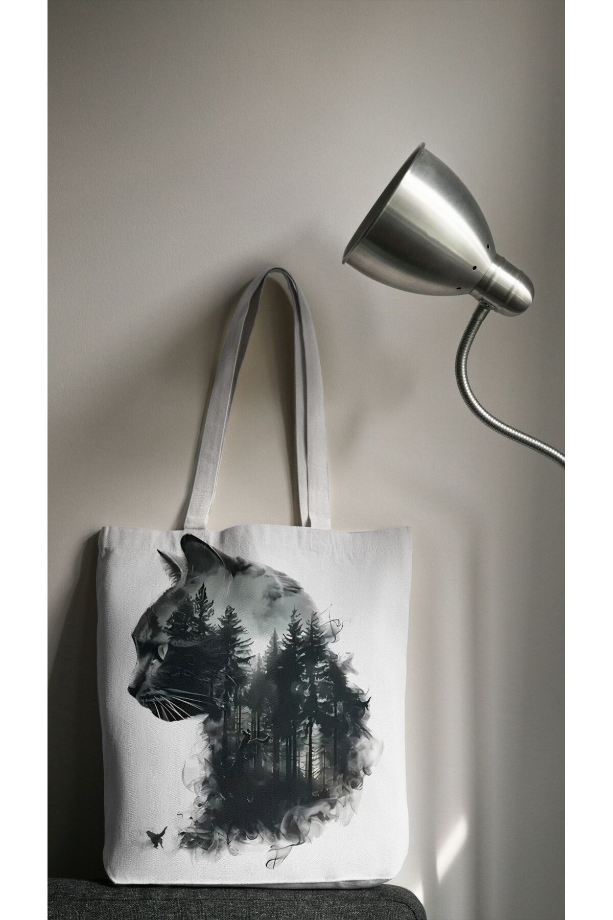 KEDİ VE ORMAN TEMALI  %100 Pamuklu Ham Bez Çanta