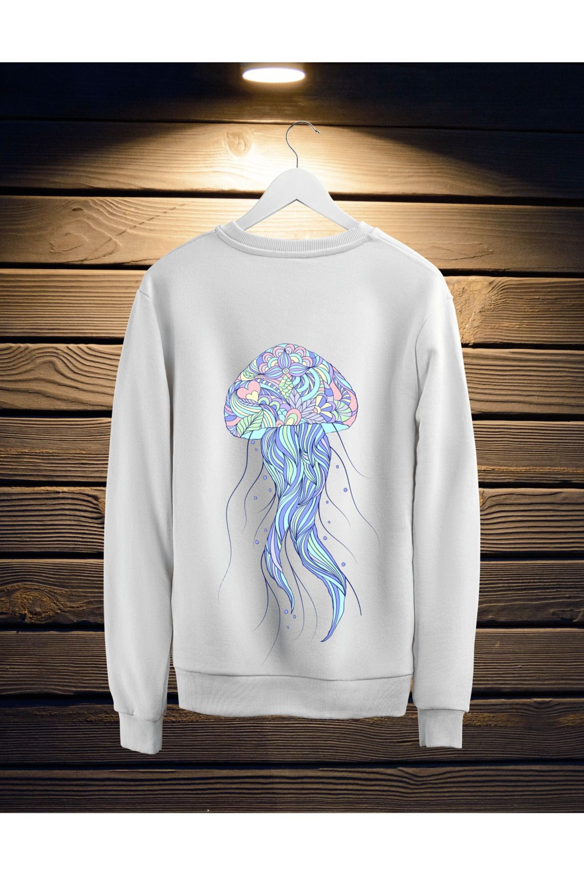 UNİSEX MANDALA TEMALI BEYAZ SWEATSHİRT image