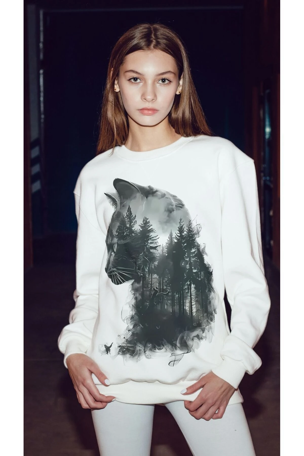 KEDİ VE ORMAN TEMALI BİSİKLET YAKA SWEATSHIRT