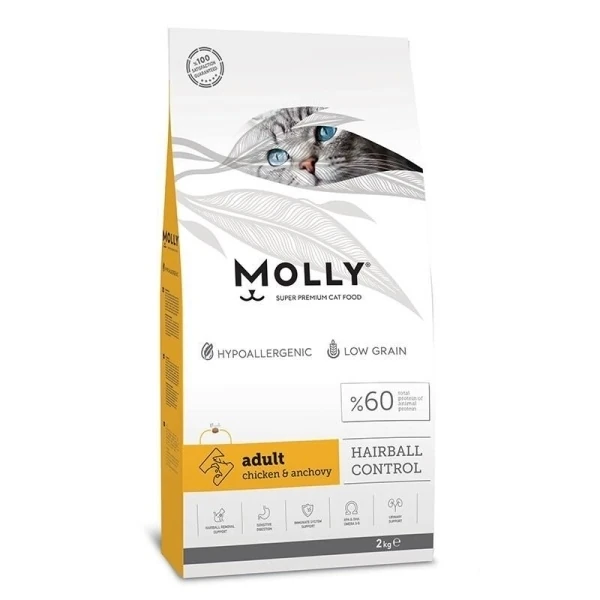 Molly Hairball Control Tavuklu ve Hamsili Düşük Tahıllı Yetişkin Kedi Maması 2kg