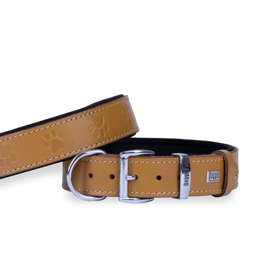 DOGGİE PATİLİ DERİ BOYUN TASMASI M 3,5X47-55CM KARAMEL