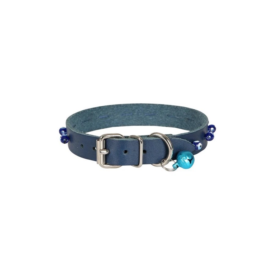 BONCUKLU DERİ KEDİ TASMASI ROYALMAVİ 1,5X26-30CM