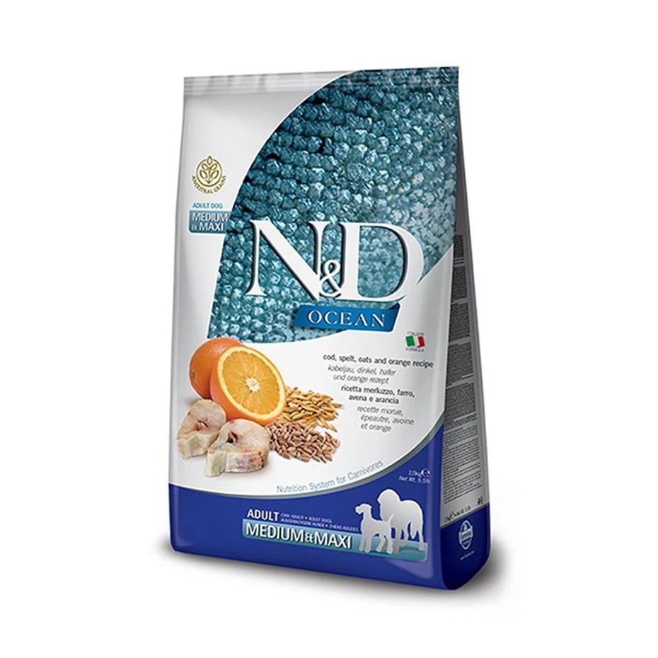 N&D OCEAN DÜŞÜK TAHILLI BALIK-PORTAKALLI YETİŞKİN MEDİUM&MAXİ KÖPEK MAMASI 2.5KG