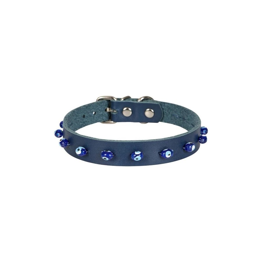 BONCUKLU DERİ KEDİ TASMASI ROYALMAVİ 1,5X26-30CM
