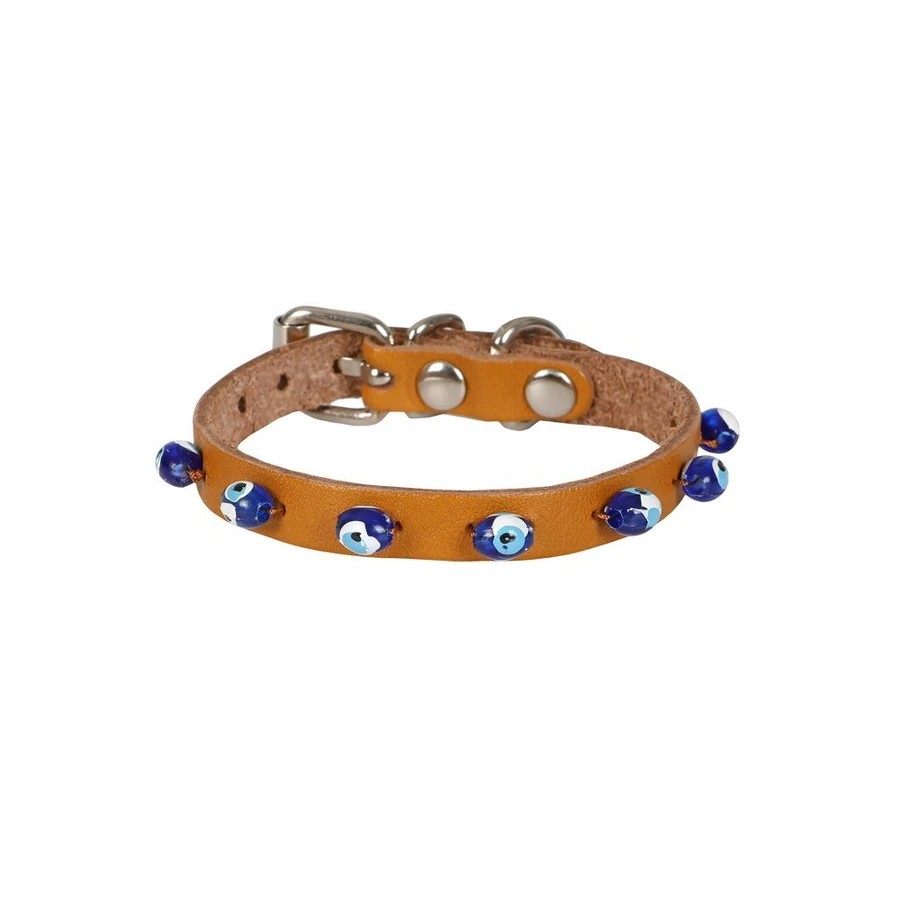 BONCUKLU DERİ KEDİ TASMASI CAMEL 20CM