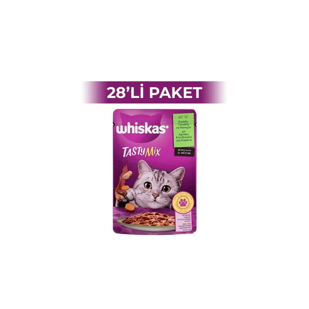 Whiskas Pouch Tasty Mix Sos İçinde Kuzulu Tavuklu ve Havuçlu Yetişkin Kedi Konservesi 85gr x 28 Adet
