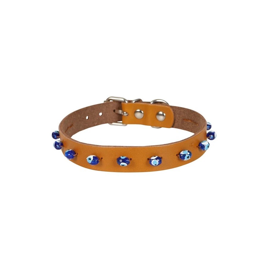 BONCUKLU DERİ KEDİ TASMASI KAMEL 1,5X26-30CM