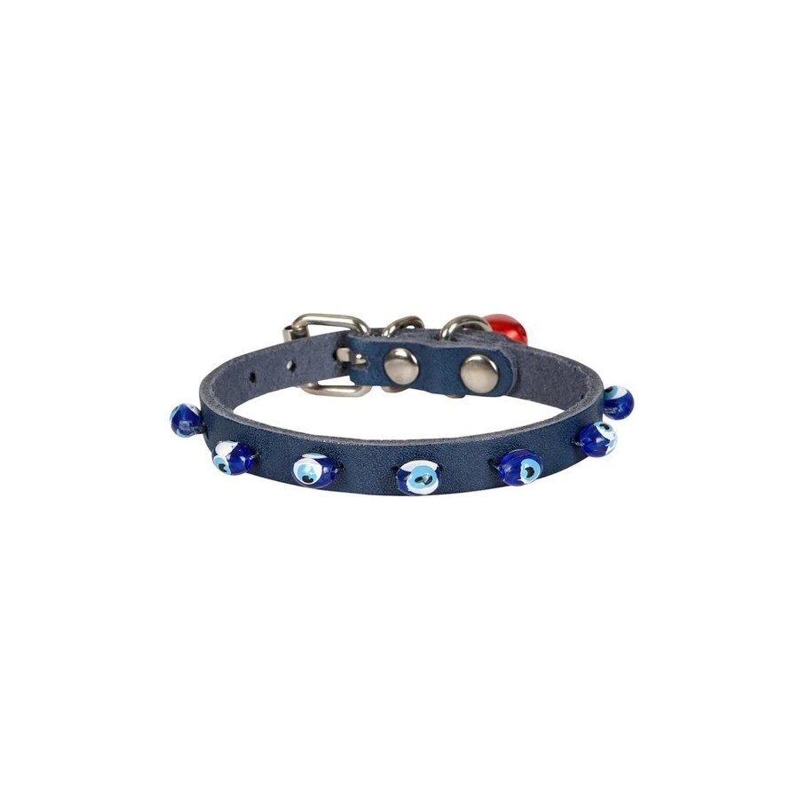 BONCUKLU DERİ KEDİ TASMASI ROYAL MAVİ 20CM