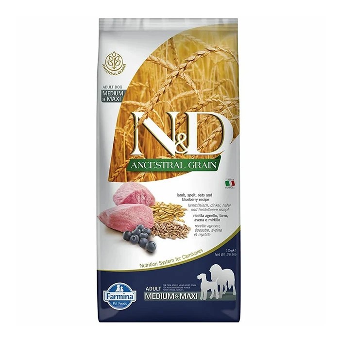 N&D DÜŞÜK TAHILLI KUZULU YABAN MERSİNLİ YETİŞKİN MEDİUM&MAXİ KÖPEK MAMASI 12 KG