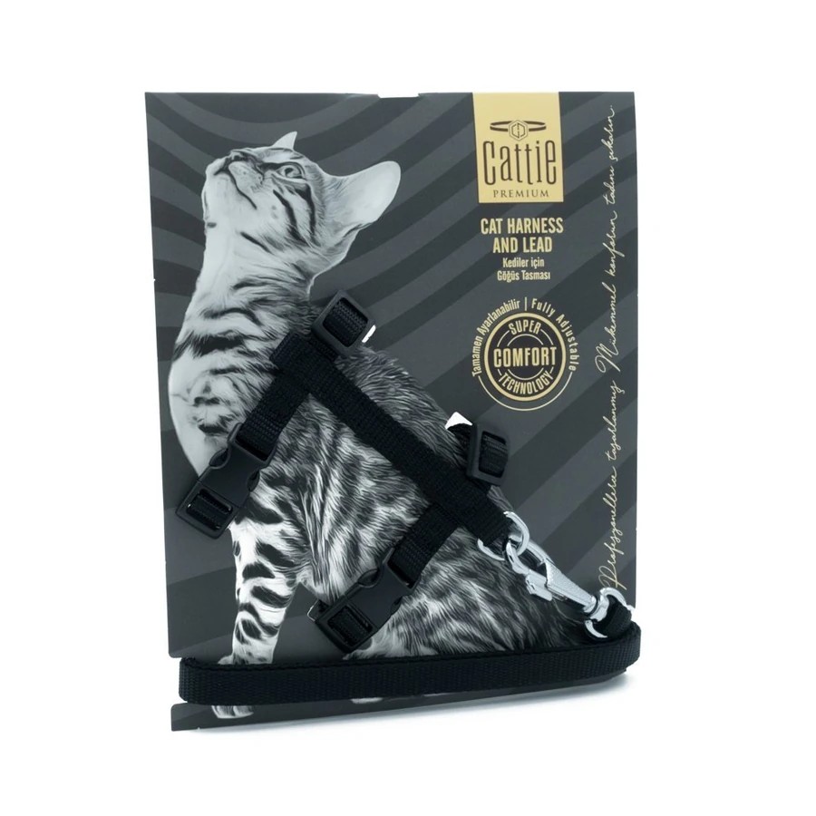 CATTİE KEDİ GÖĞÜS & GEZDİRME TAKIMI SİYAH 1X25-40CM