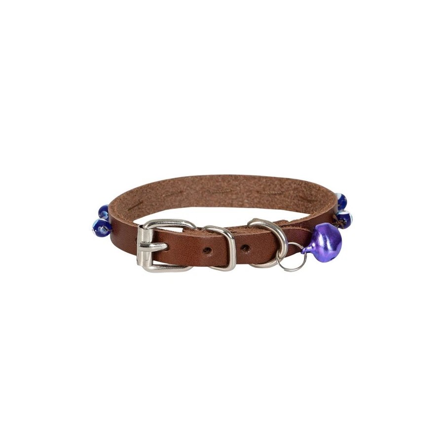 BONCUKLU DERİ KEDİ TASMASI KAHVE 23CM