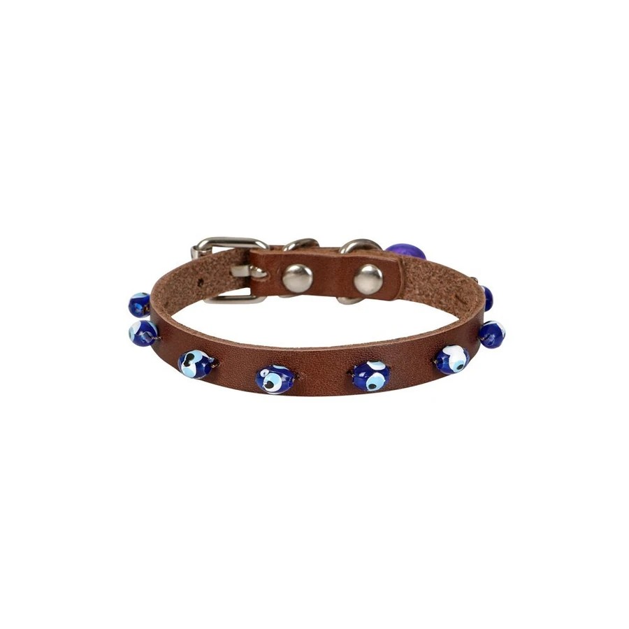 BONCUKLU DERİ KEDİ TASMASI KAHVE 23CM