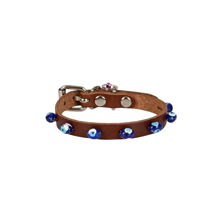 BONCUKLU DERİ KEDİ TASMASI KAHVE 20CM