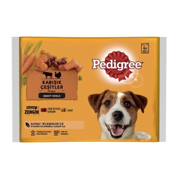 Pedigree Pouch Sığır Etli Kuzulu ve Hindili Yetişkin Köpek Konservesi 4x100 Gr