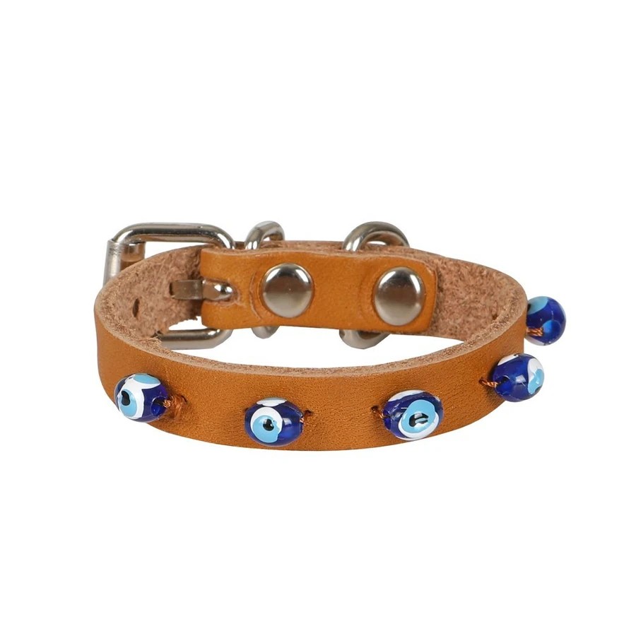 BONCUKLU DERİ KEDİ TASMASI CAMEL 16CM