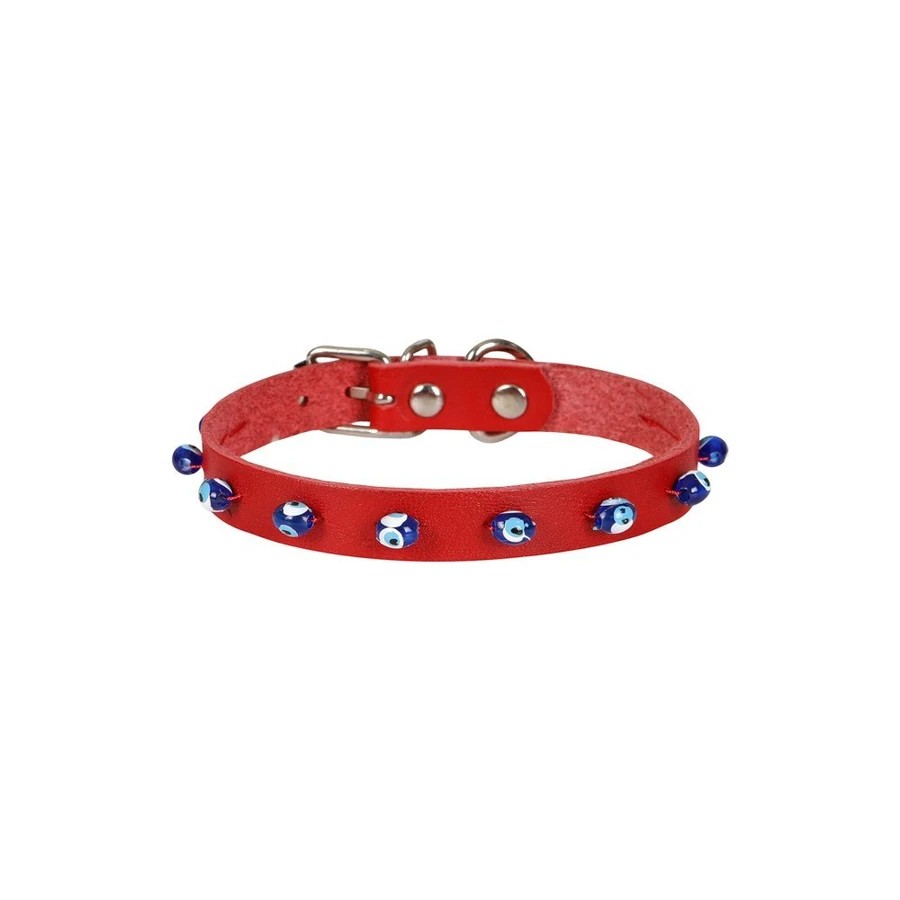 BONCUKLU DERİ KEDİ TASMASI KIRMIZI 1,2X23-27CM