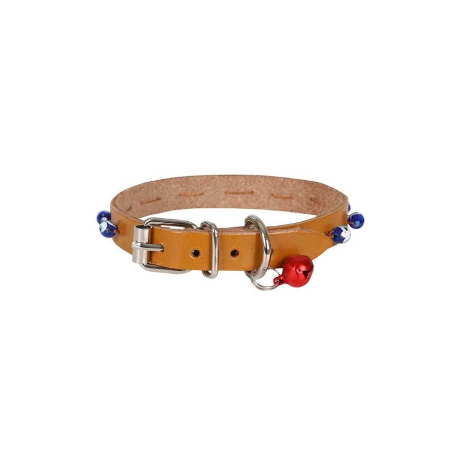 BONCUKLU DERİ KEDİ TASMASI KAMEL 1,2X23-27CM