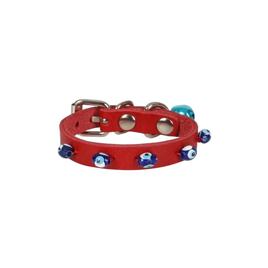 BONCUKLU DERİ KEDİ TASMASI KIRMIZI 16CM