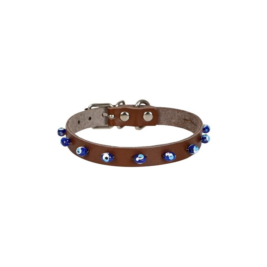 BONCUKLU DERİ KEDİ TASMASI KAHVE 1,2X23-27CM