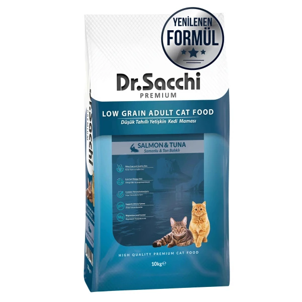 Dr.Sacchi Premium Düşük Tahıllı Somonlu ve Ton Balıklı Yetişkin Kedi Maması 10 kg