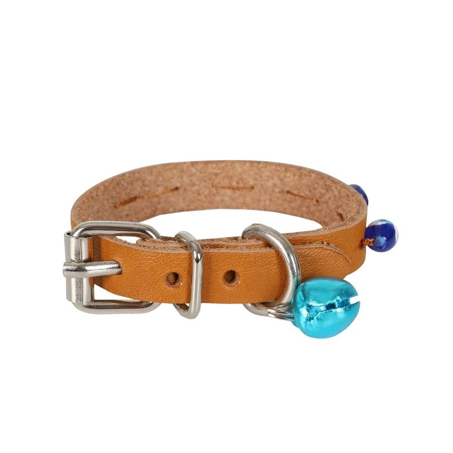 BONCUKLU DERİ KEDİ TASMASI CAMEL 16CM