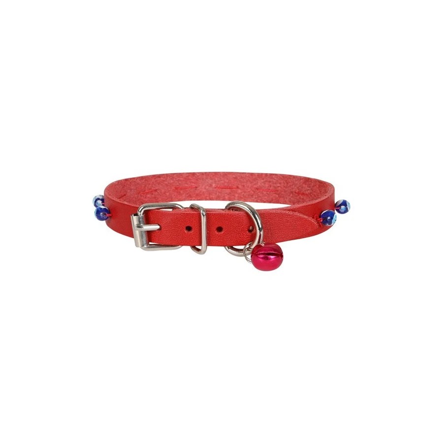 BONCUKLU DERİ KEDİ TASMASI KIRMIZI 1,2X23-27CM