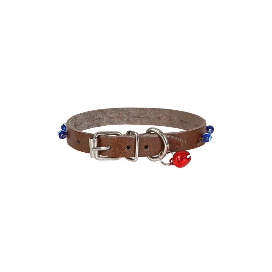 BONCUKLU DERİ KEDİ TASMASI KAHVE 1,2X23-27CM