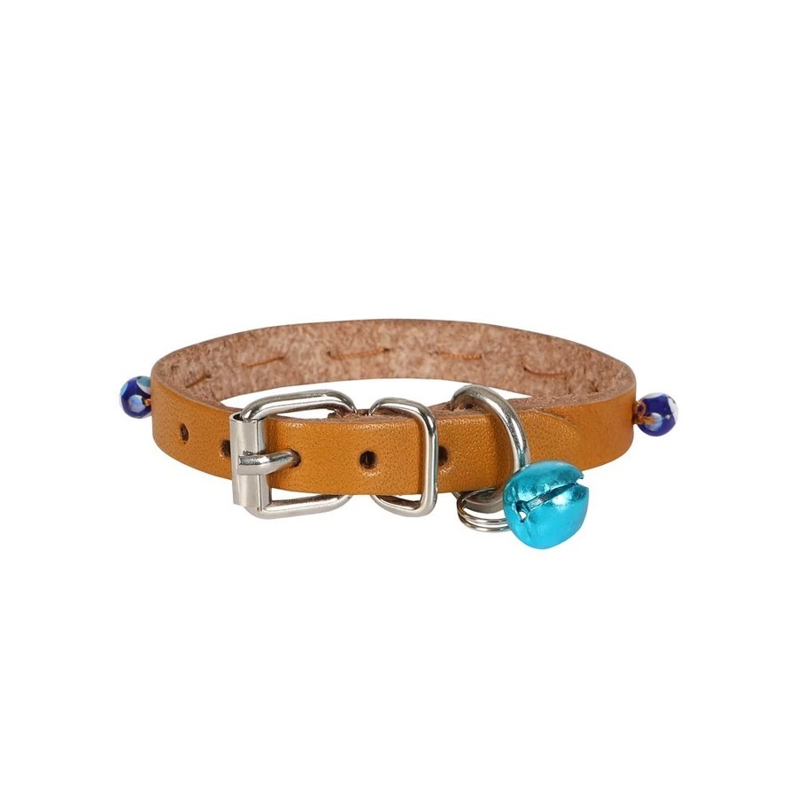 BONCUKLU DERİ KEDİ TASMASI CAMEL 20CM