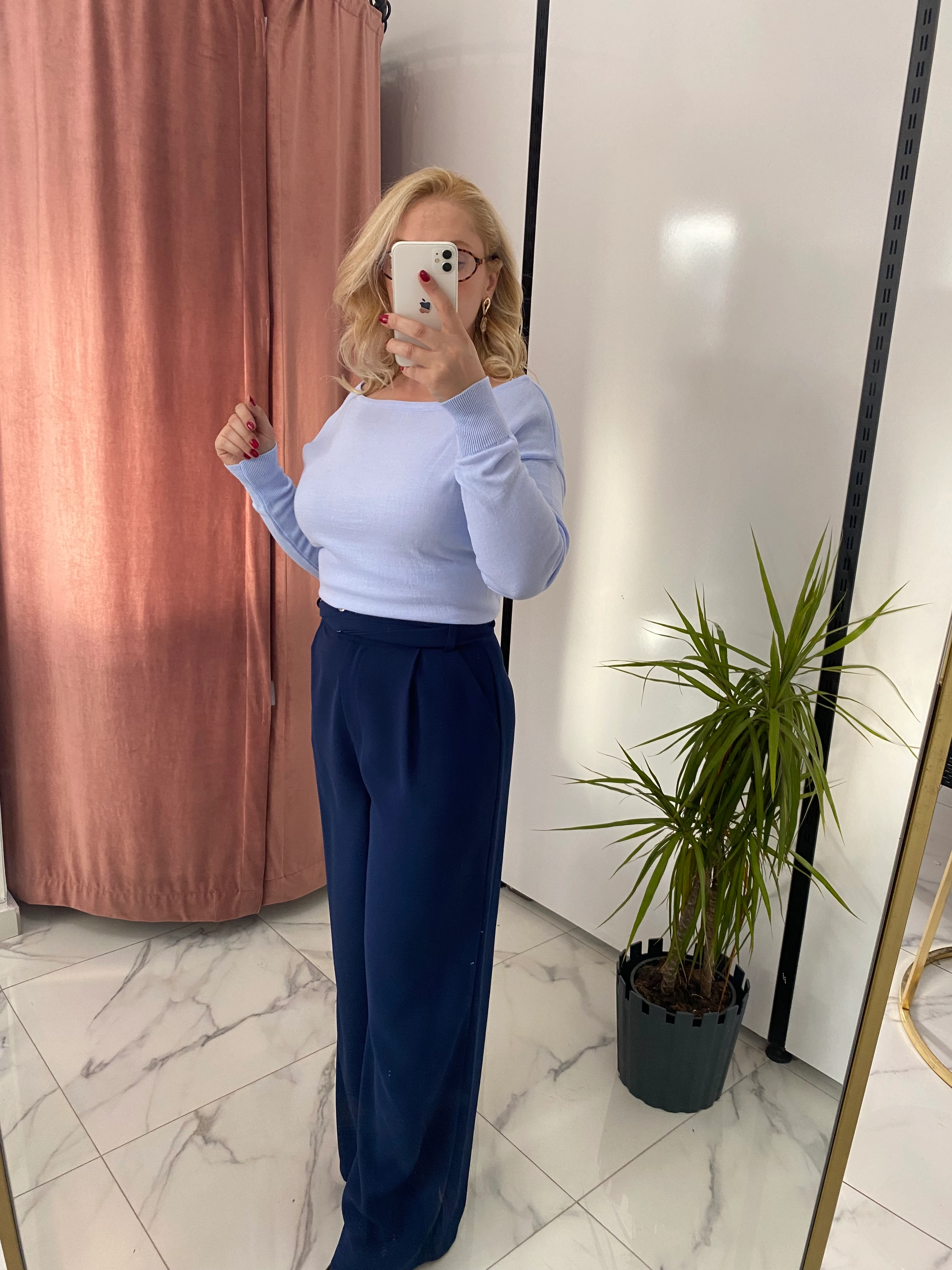 MAVİ BOL PALAZZO KUMAŞ PANTOLON KEMERLİ