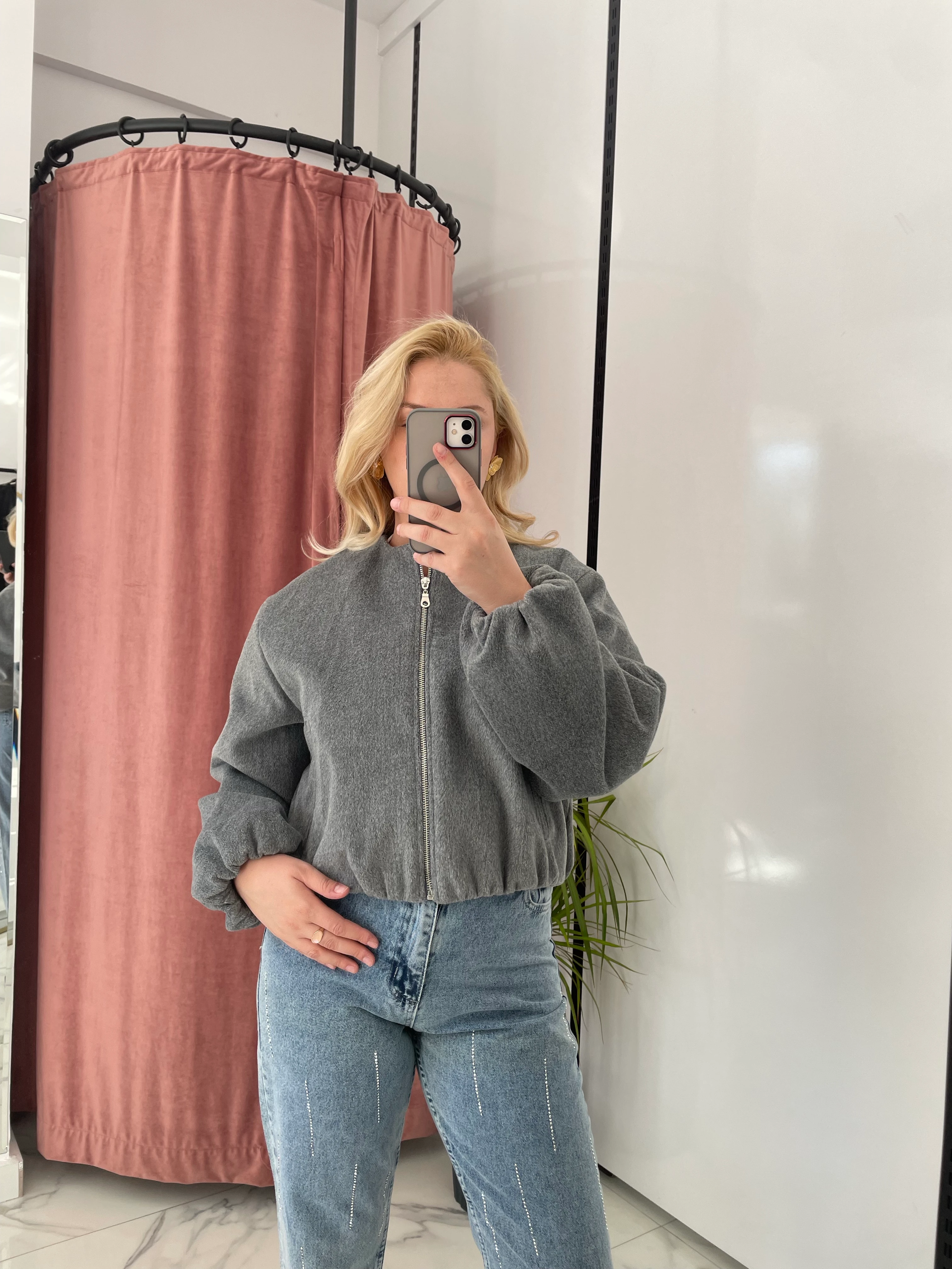 Gri Cepli Bomber Ceket 