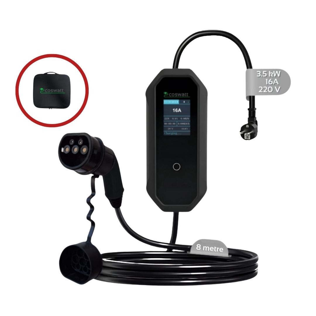 Coswatt Taşınabilir Şarj Cihazı 3.5 kW / 16A / Türkçe Menü / 8m veya 12m Kablolu / Tip-2 / Ev Tipi Schuko Fiş / 220V AC / Taşıma Çantası Hediyeli