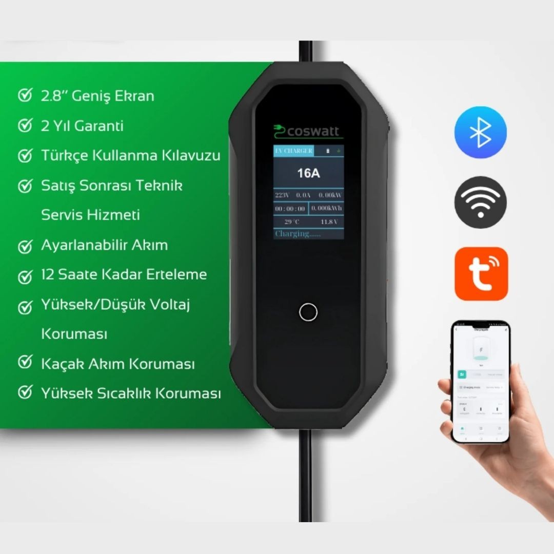 Coswatt Taşınabilir Şarj Cihazı 3.5 kW / 16A / Türkçe Menü / 8m veya 12m Kablolu / Tip-2 / Ev Tipi Schuko Fiş / 220V AC / Taşıma Çantası Hediyeli