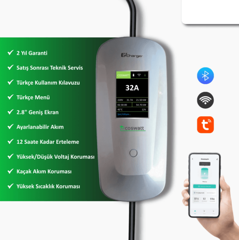 Coswatt Taşınabilir Şarj Cihazı 22 kW / 3P-32A / 8m Kablolu / Tip-2 / 5x32A Fiş / 380V AC / Ev Tipi Dönüştürücü Kablo ve Taşıma Çantası Hediyeli
