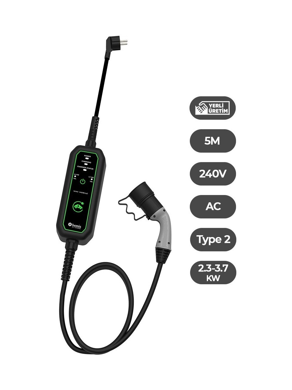 Bemis 2,3 - 3,7 kW Mini Mobil Araç Şarj Cihazı Aleti 5 Metre BEV-1111-0001