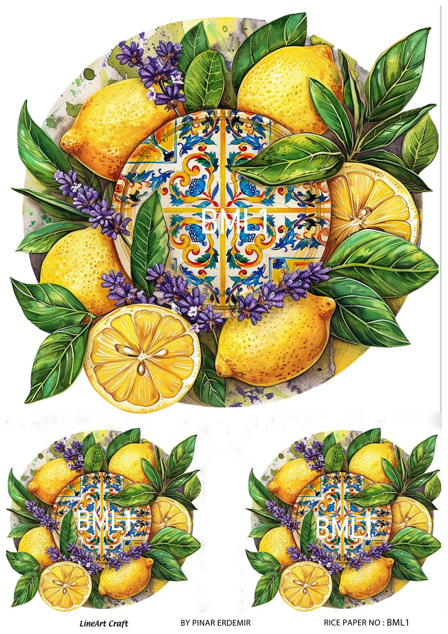 Baci Serisi BML1 Limon, Sanatsal Desenli 30*42 cm Pirinç Dekopaj