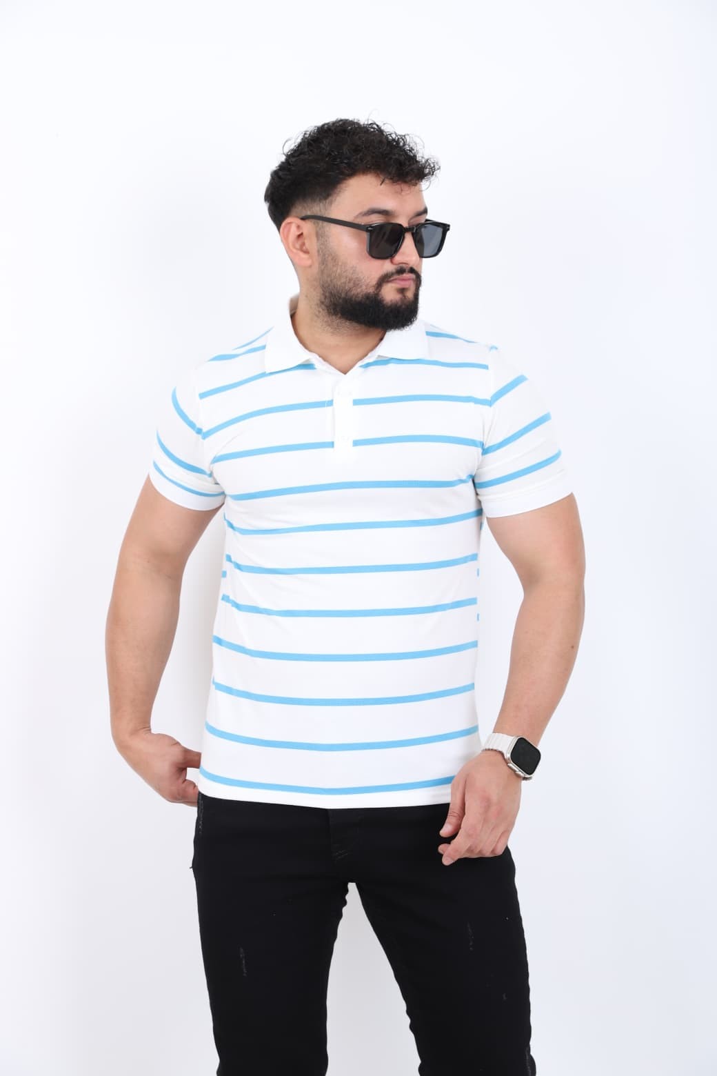 Polo Yaka İnce Çizgili T-shirt - Bebek Mavisi