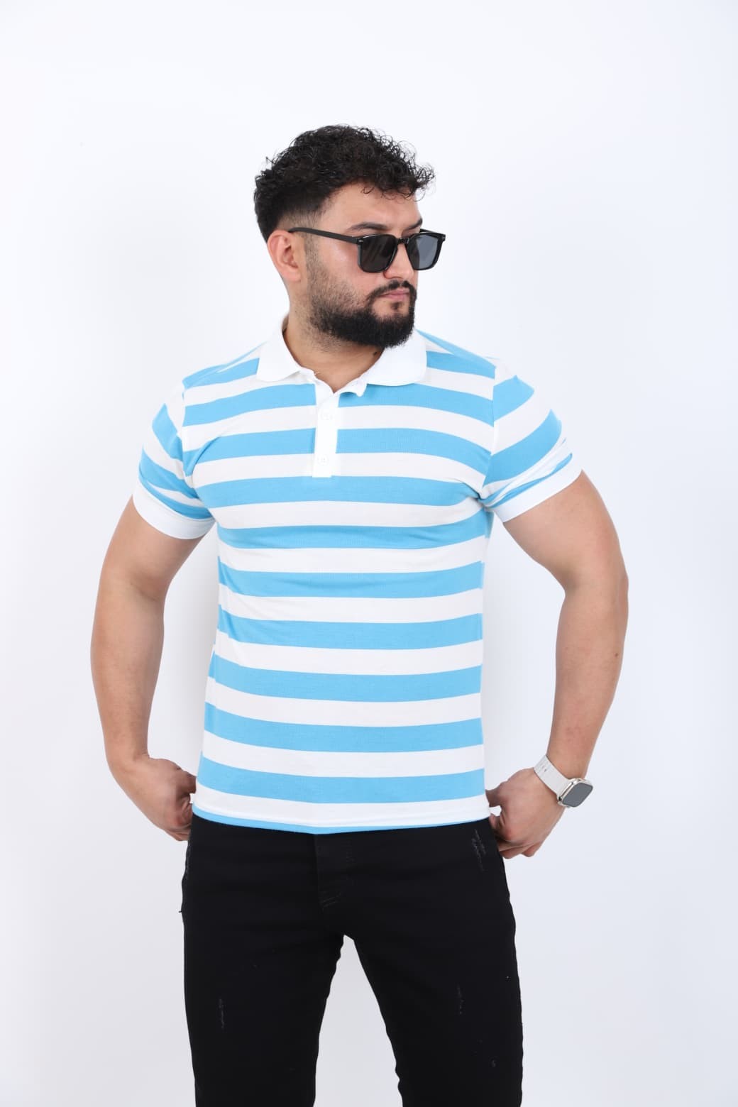 Polo Yaka Kalın Çizgili T-shirt - Bebek Mavisi