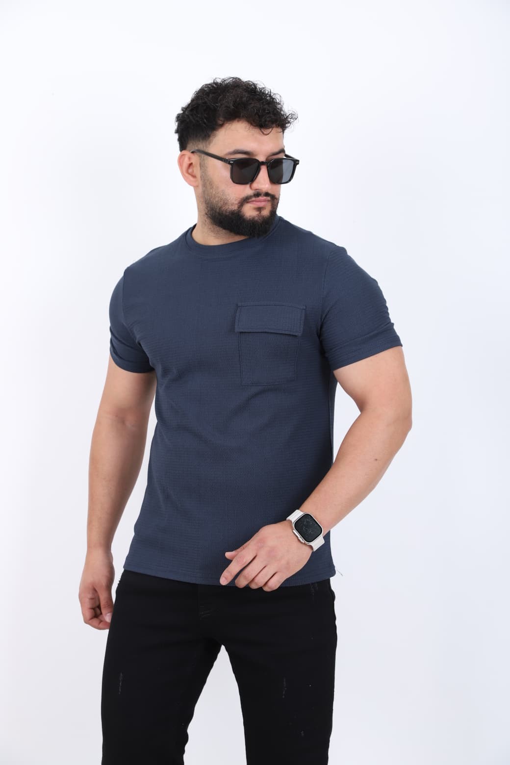 Cep Detaylı Bisiklet Yaka T-shirt - Lacivert