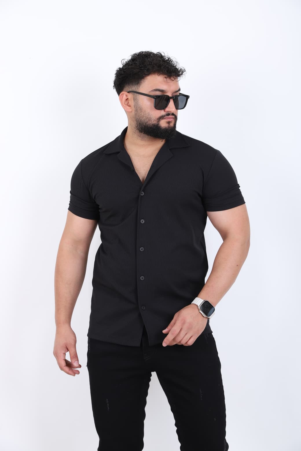 Erkek Fitilli Örme Apaç Yaka Kısa Kol Slim Fit Gömlek - Siyah