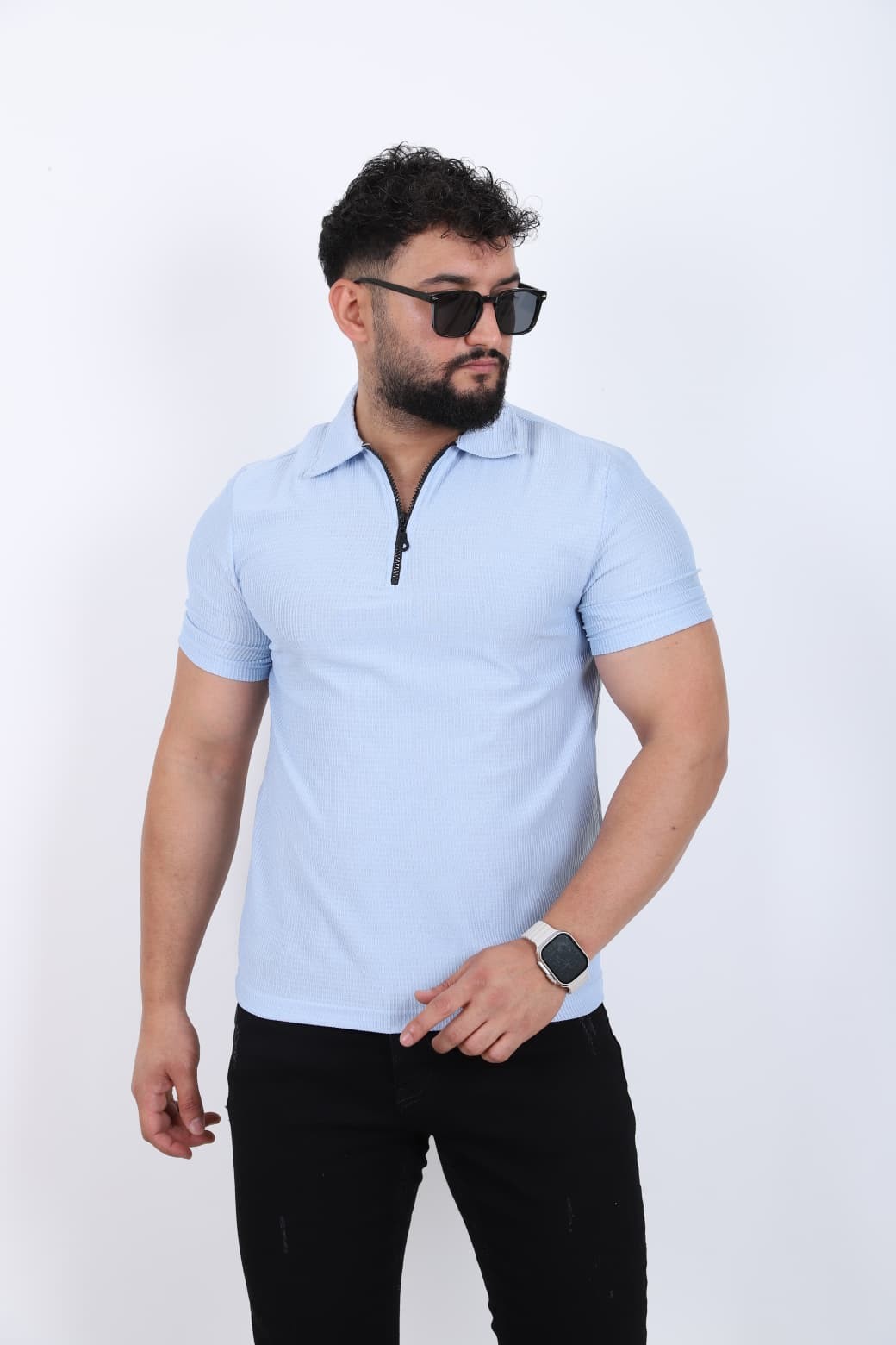 Fermuar Detaylı Polo Yaka T-shirt - Bebek Mavisi