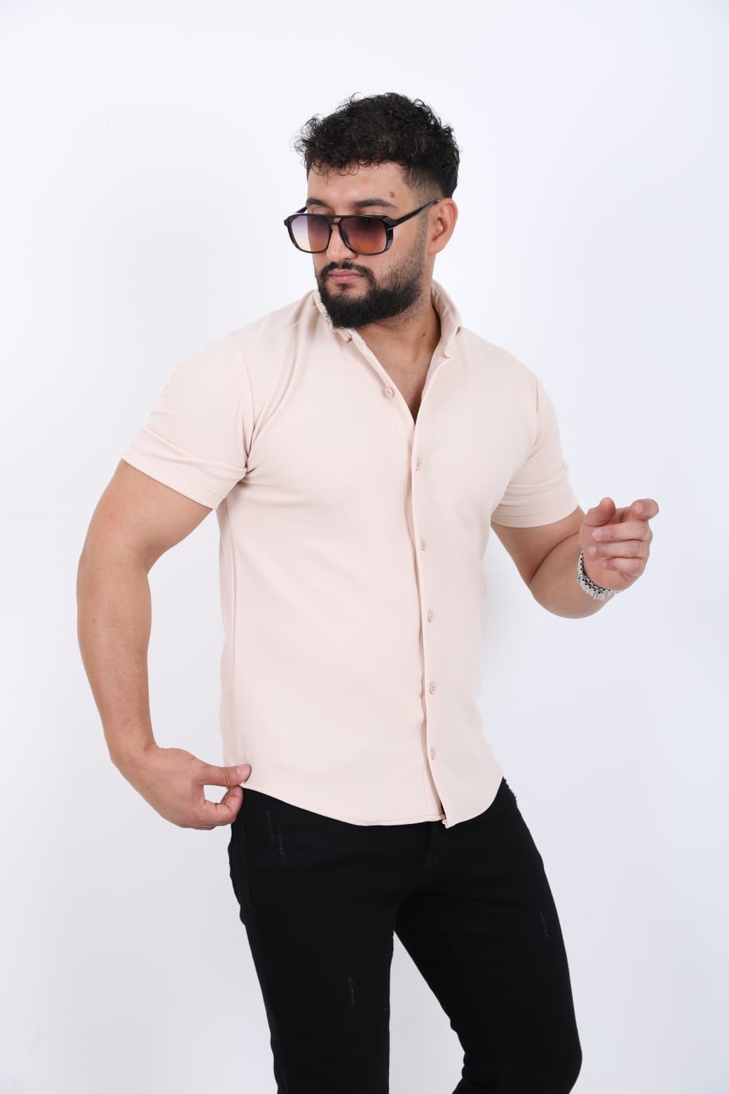 Slim Fit Kısa Kol Gömlek - Pudra