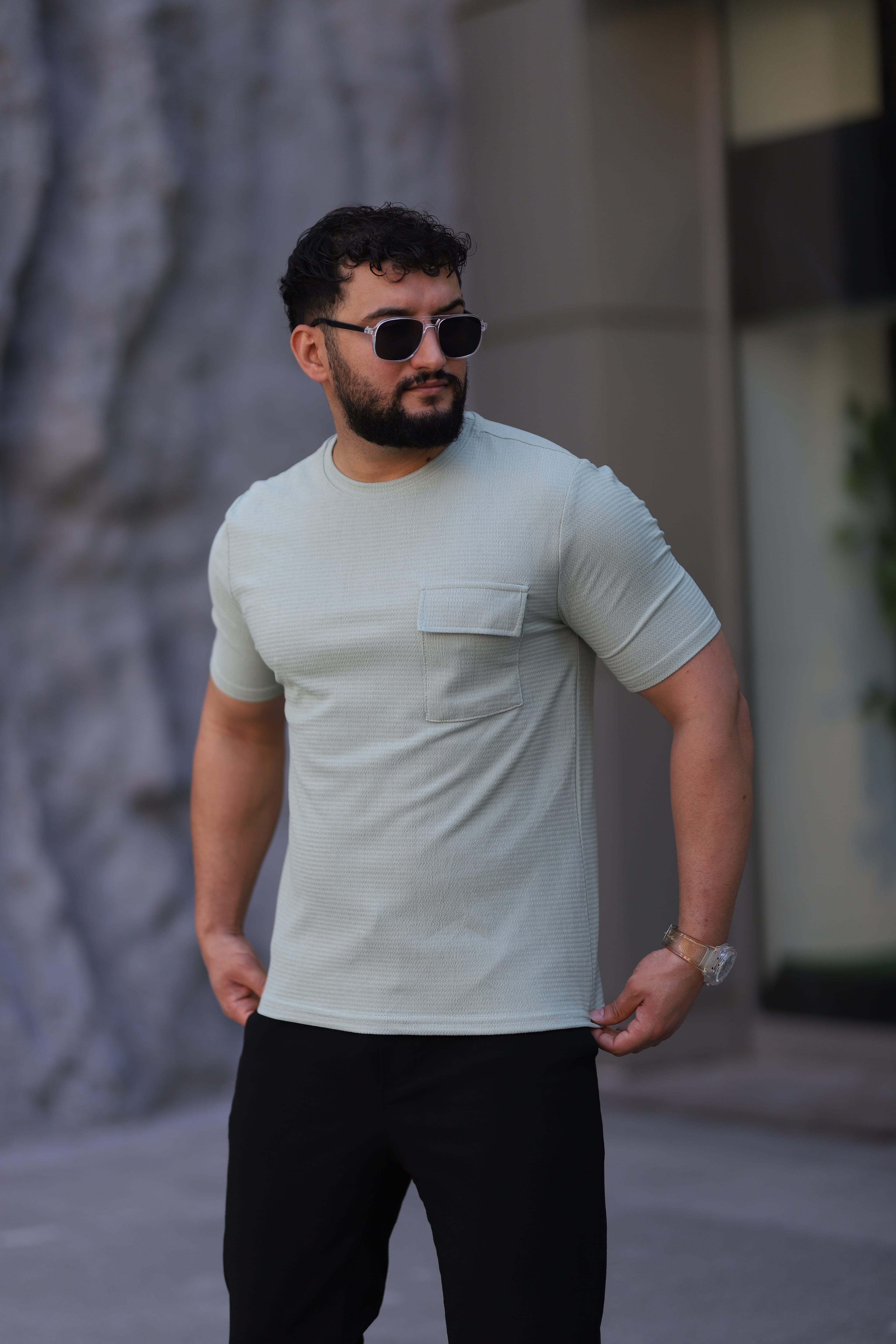 Cep Detaylı Bisiklet Yaka T-shirt - Çağla