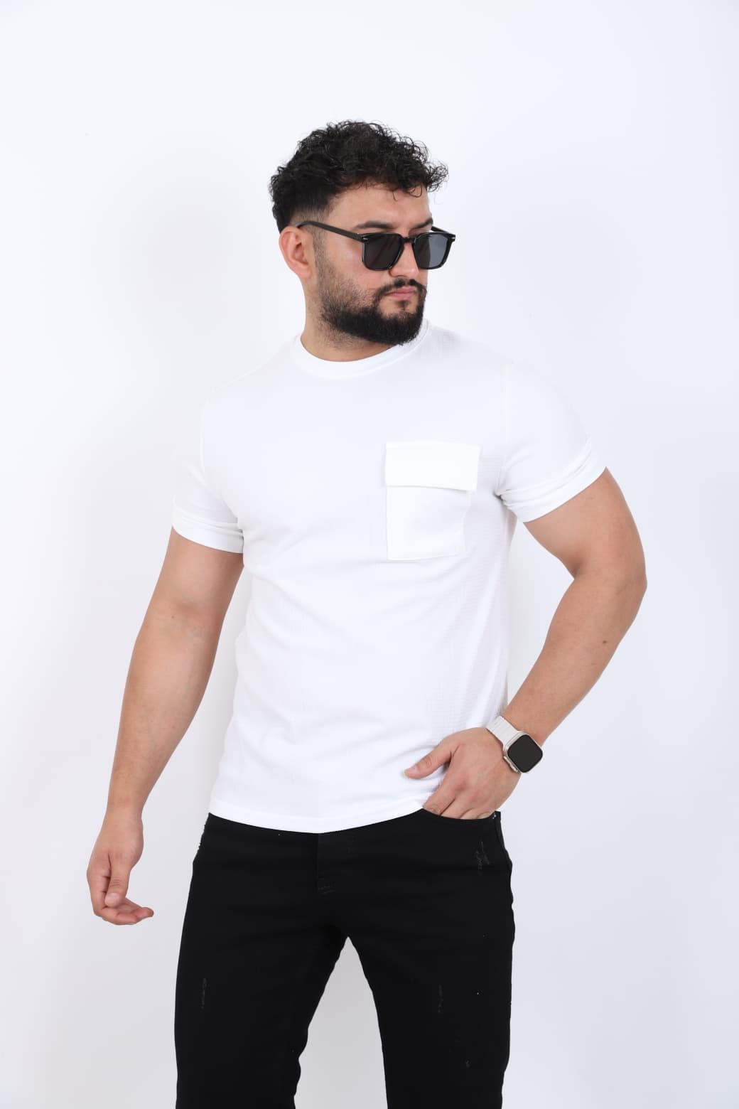Cep Detaylı Bisiklet Yaka T-shirt - Beyaz