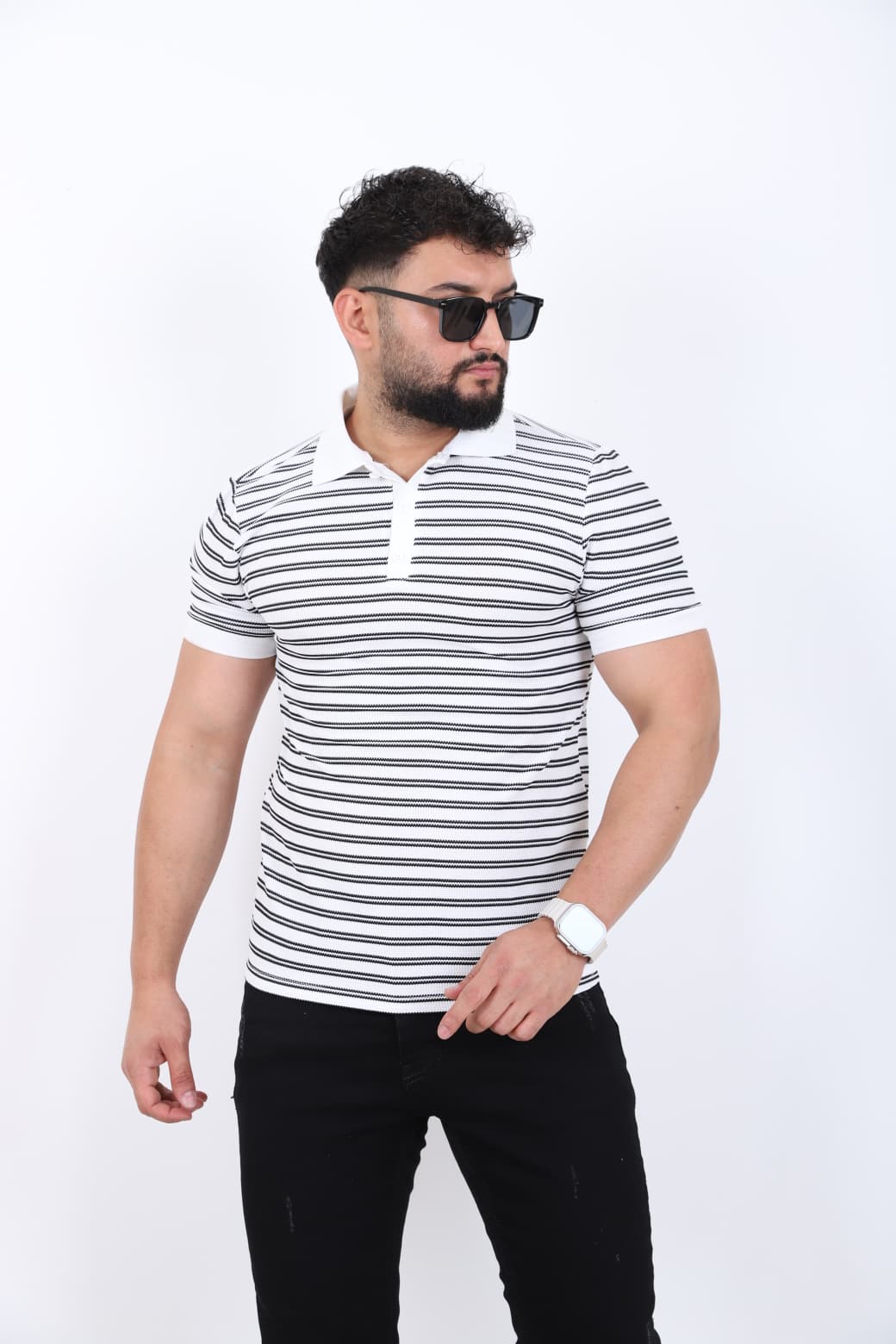 Çizgi Detaylı Slim Fit Polo Yaka T-shirt - Beyaz