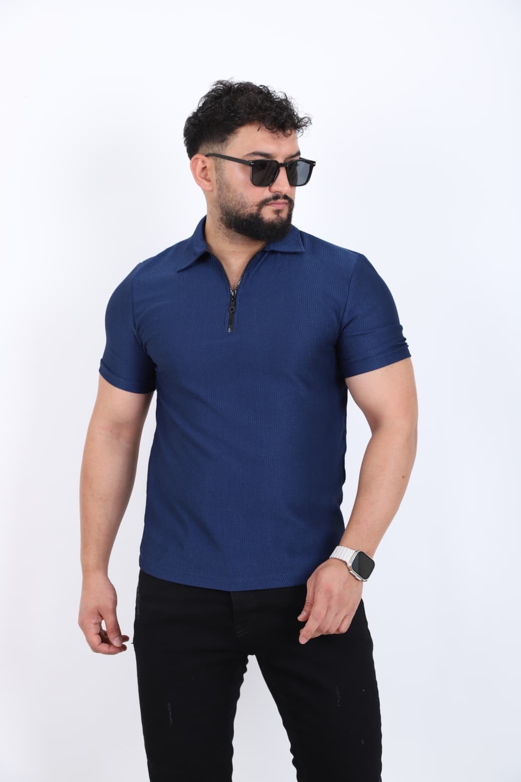 Fermuar Detaylı Polo Yaka T-shirt - Lacivert