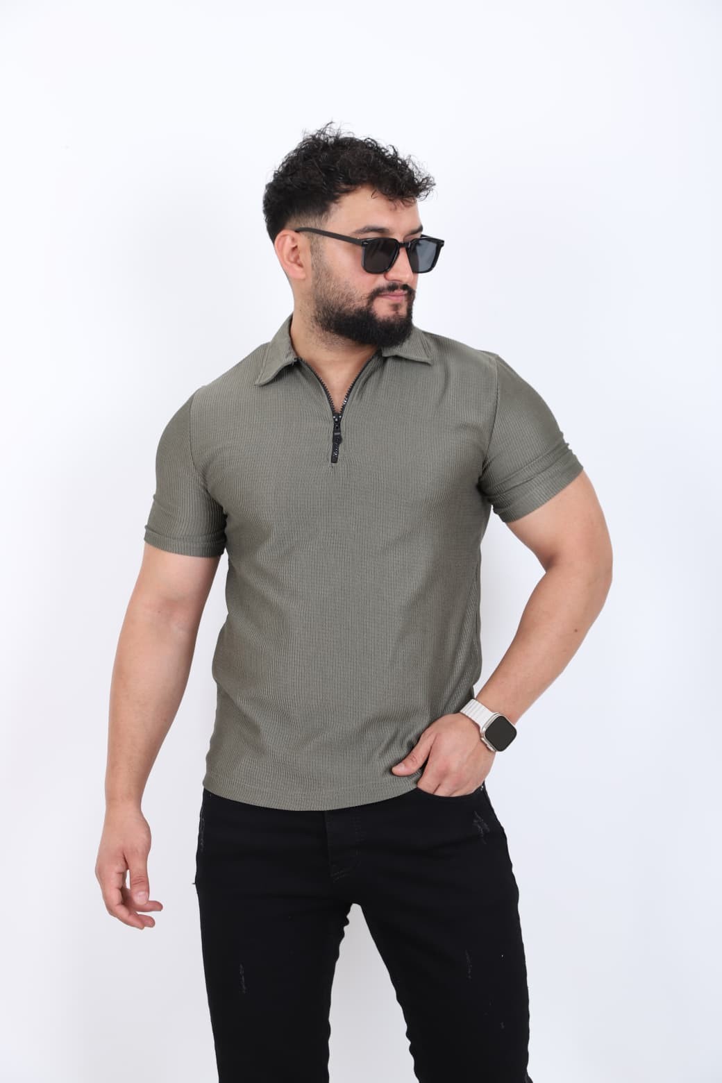 Fermuar Detaylı Polo Yaka T-shirt - Haki
